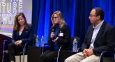 Laurel Smith-Doerr, Professor, Sociology, UMass-Amherst (center), answers a question after her infoburst presentation on equity at the organizational level. Miriam Vogel, EqualAI, and Lionel Robert, University of Michigan sit next to her.