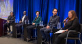 Julie S. Nugent, Catalyst (right), leads a panel discussion about reskilling and upskilling with Chenelle Bonavito Martinez, The New York Academy of Sciences; Obed Louissaint, IBM; Clem Herman, Open University, UK; and Terry Torok, Enactus.