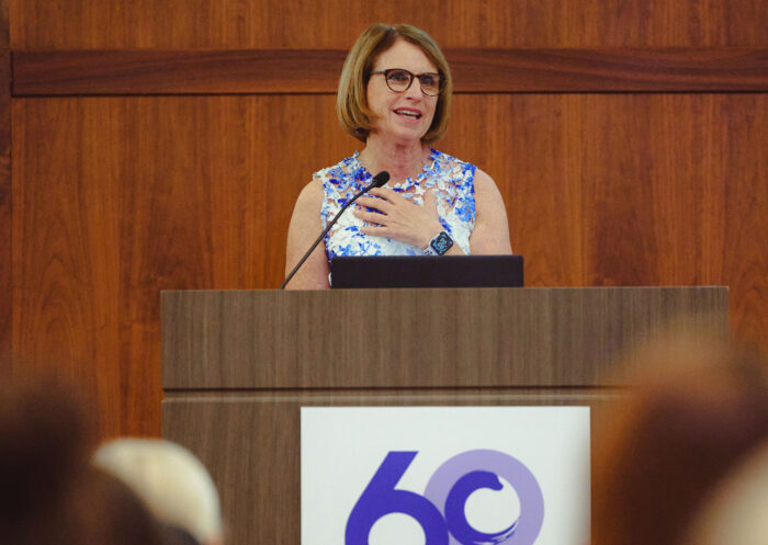 Catalyst President and CEO Lorraine Hariton speaking at the Hagley Museum celebration of Catalyst's 60th anniversary.