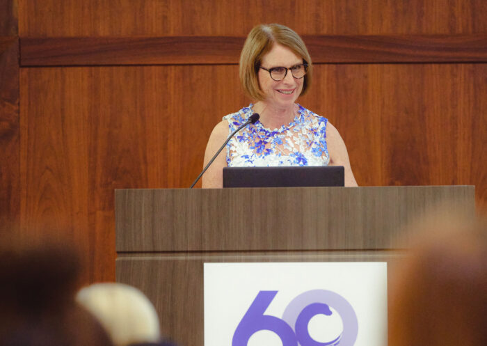 Catalyst President and CEO Lorraine Hariton speaking at the Hagley Museum celebration of Catalyst's 60th anniversary.